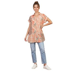Umgee Floral Sheer Leopard Print Short Sleeve Oversized Button Up Shirt